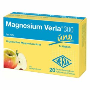 Verpackung von Magnesium Verla 300 Granulat mit Apfelgeschmack, enthält 20 Beutel zum Auflösen und Trinken.
