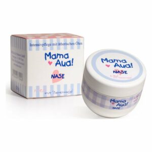 Runde Creme-Dose mit dem Aufdruck 'Mama Aua! Nase' neben einer quadratischen Verpackung mit Streifenmuster.
