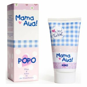 Verpackung einer Pflegecreme für den Windelbereich mit einem rosa- und blauen Design.