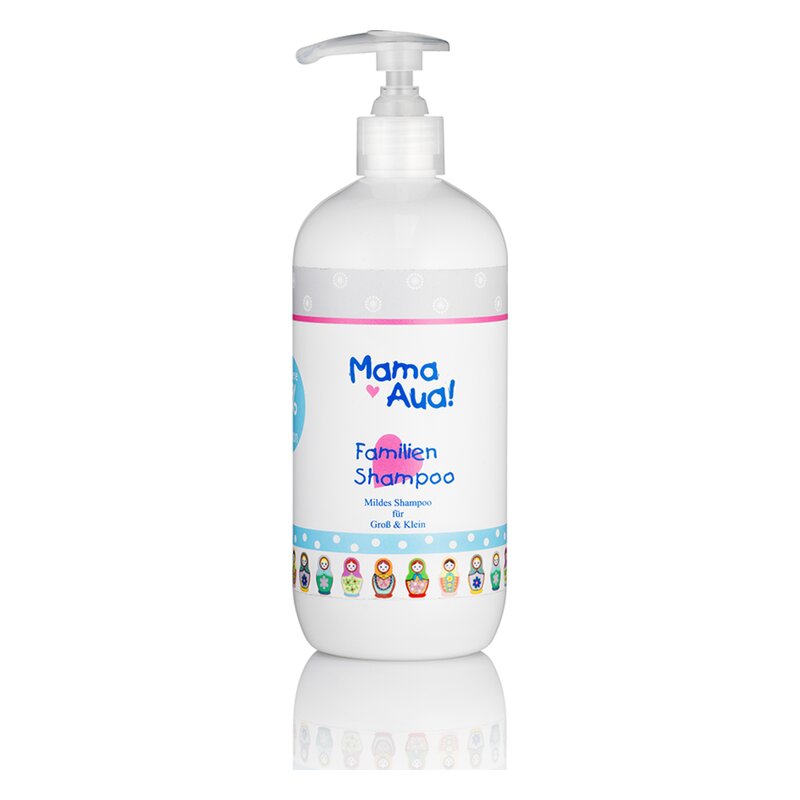 Plastikflasche mit Pumpe für mildes Familien-Shampoo, hell und freundlich gestaltet mit bunten Illustrationen.