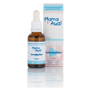 Braune Flasche mit Pipette, beschriftet mit "Mama Aua! Immunssystem", begleitet von einer farbigen Verpackung.