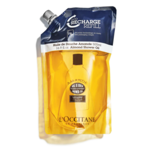 Recyclingfähiger Nachfüllbeutel für Duschöl aus Mandel, 500 ml, mit praktischem Ausgießverschluss.