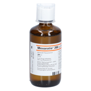 Braune Flasche mit rundem Boden und weißem Verschluss, enthält Paracetamol-Sirup mit einer Dosierung von 200 mg pro 5 ml.