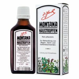 Braune Flasche mit Montana Hausstropfen und Kartonverpackung, beide mit Schriftzug und Beschreibung zur Verwendung.