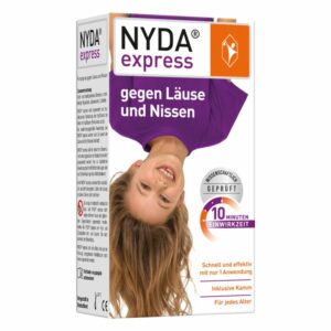 Packung NYDA express gegen Läuse und Nissen, mit Hinweis auf Schnell- und Effektivität sowie Einwirkzeit von 10 Minuten.