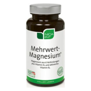 Braune Flasche mit einem weißen Etikett, das 'Mehrwert-Magnesium' und Inhaltsstoffe wie Vitamin D3 erwähnt.