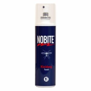 Sprayflasche von NOBITE mit Textil-Mückenschutz, blauer Verpackung und Sprühkopf.