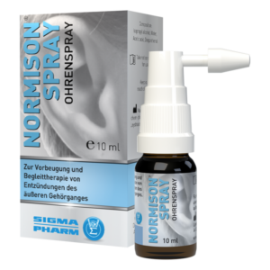 Normison Ohrenspray in einer 10 ml Flasche, verpackt in einer blauen und weißen Schachtel mit Anwendungshinweisen.