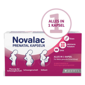 Verpackung von Novalac Prenatal Kapseln mit Informationen zur Anwendung während der Schwangerschaft und Stillzeit.