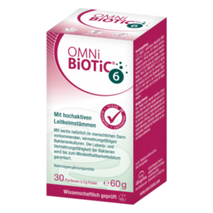 Verpackung von OMNi BiOTiC 6, einem Nahrungsergänzungsmittel mit hochaktiven Leitsubstanzen in Pulverform, 60g.