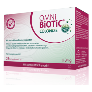 Verpackung von OMNi BiOTiC COLONIZE, einem Nahrungsergänzungsmittel mit pro- und präbiotischen Bakterien, in einem quadratischen Karton.