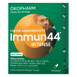 Verpackung des Produkts Immun44 Intense zur Unterstützung der Abwehrkräfte, mit ansprechendem Design und Inhaltsstoffen.