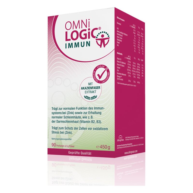 Verpackung des Nahrungsergänzungsmittels OMNI LOGIC IMMUN mit Akazienfaserextrakt, dient der Immunfunktion und Zellschutz.