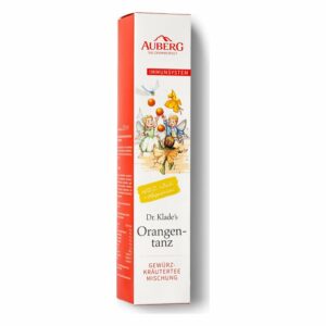Verpackung von Dr. Klades Orangentanz, einer Gewürz-Kräutermischung für das Immunsystem, mit illustrierter Kinder- und Naturdarstellung.