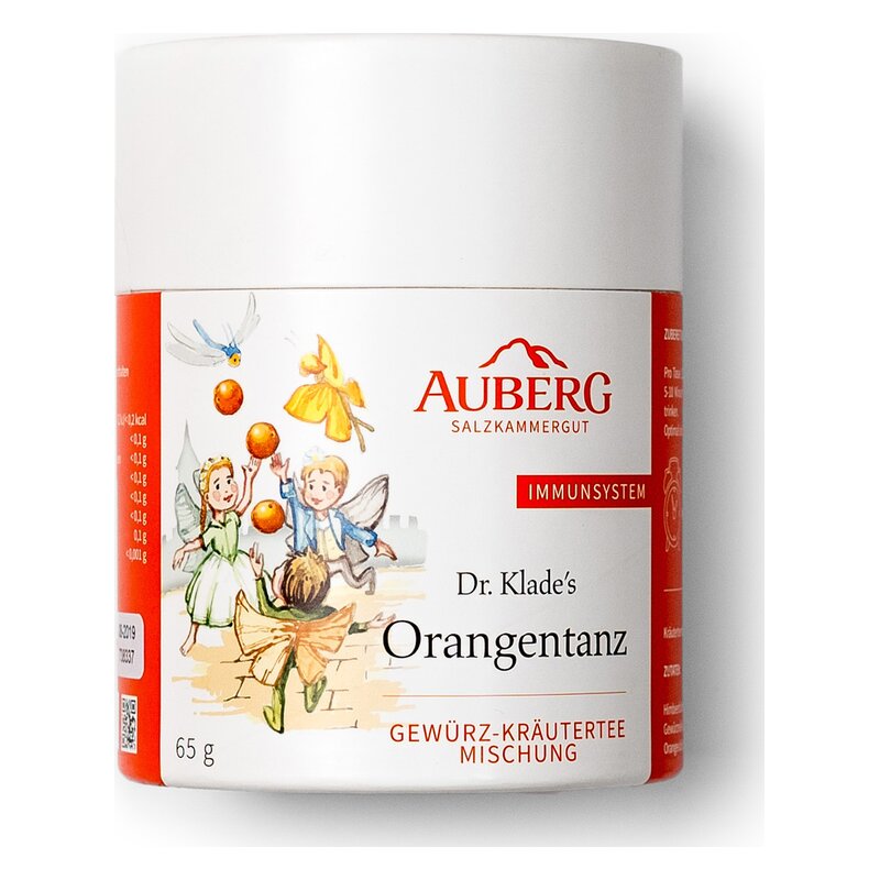 Runde Teedose mit orangefarbener Umverpackung, abgebildete Kinder und Schmetterlinge, Gewürz-Kräutermischung.