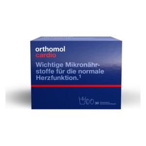 Verpackung von Orthomol Cardio, einem Nahrungsergänzungsmittel für die Herzfunktion in blauer Schachtel.