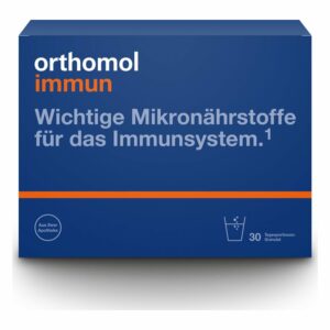 Paket von orthomol immun mit der Aufschrift "Wichtige Mikronährstoffe für das Immunsystem" und einem Glas Wasser-Symbol.