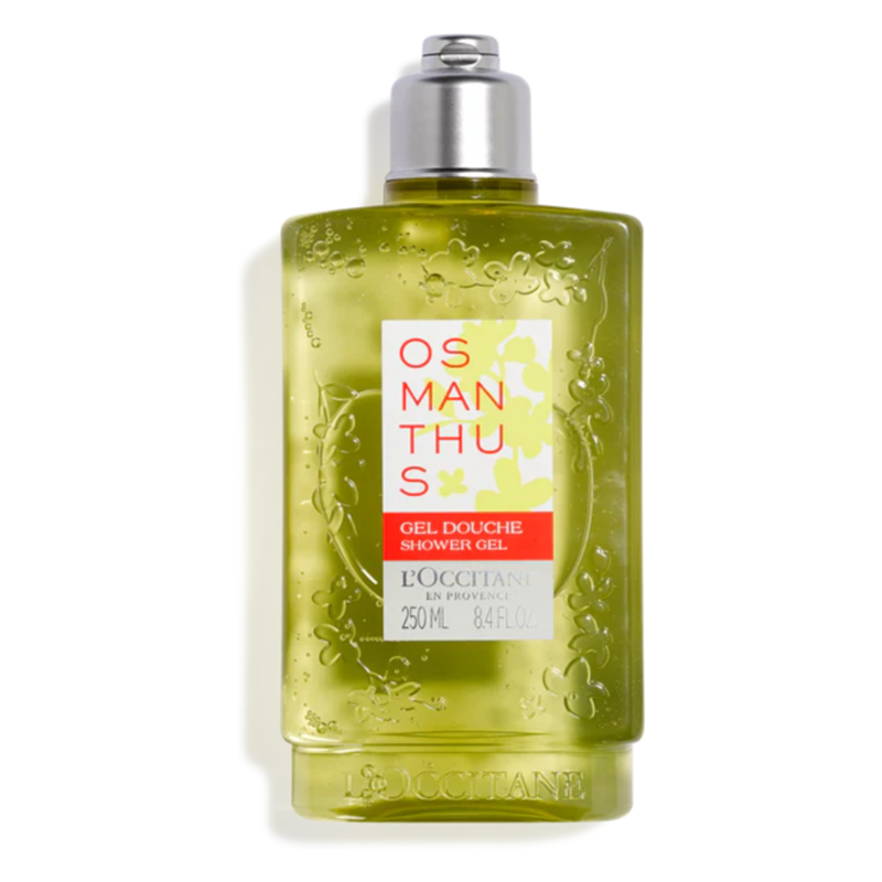 Transparente Flasche mit grünem Duschgel, beschriftet mit 'OSMANTHUS' und 'GEL DOUCHE', von L'Occitane.