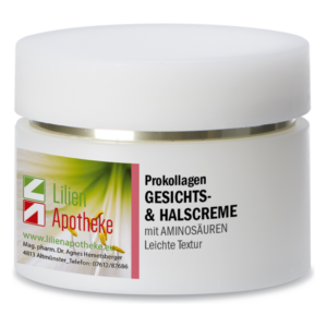 Weißes Tiegelgefäß mit Deckel, gefüllt mit Prokollagen Gesichts- und Halspflegecreme, beschriftet mit Inhaltsstoffen.