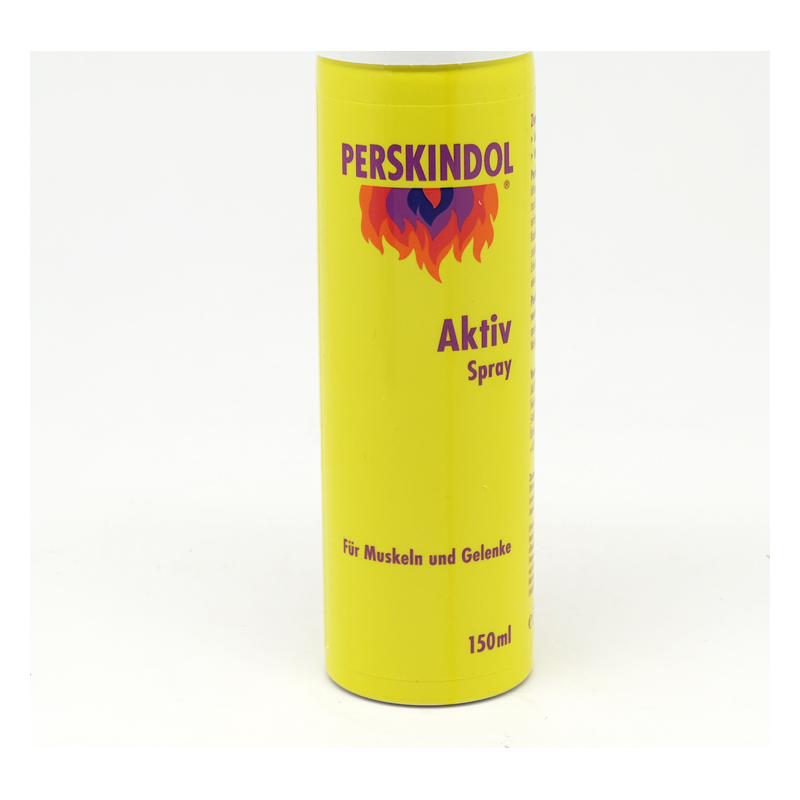 Gelbes Spray mit dem Namen "Perskindol Aktiv" für Muskeln und Gelenke, 150ml Verpackung.