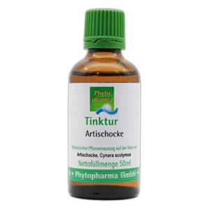 Braune Glasflasche mit grünem Deckel, enthält Artischockentinktur, 50 ml, von Phytopharma.