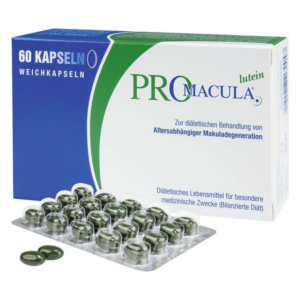 Verpackung mit 60 grünen Weichkapseln zur Behandlung altersabhängiger Makuladegeneration, präsentiert in Blisterpackung.