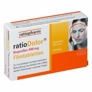 Packung von ratioDolor Ibuprofen 400 mg Filmtabletten mit einer abgebildeten Person, die sich an den Kopf fasst.