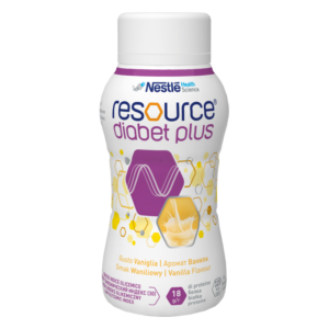 Verpackung eines flüssigen Nahrungsergänzungsmittels mit Vanillegeschmack, bereit für diabetesgerechte Ernährung.