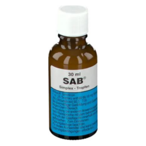 Braune Glasflasche mit weißem Deckel, 30 ml Inhalt, beschriftet mit "SAB Simplex - Tropfen" und Anwendungshinweisen.