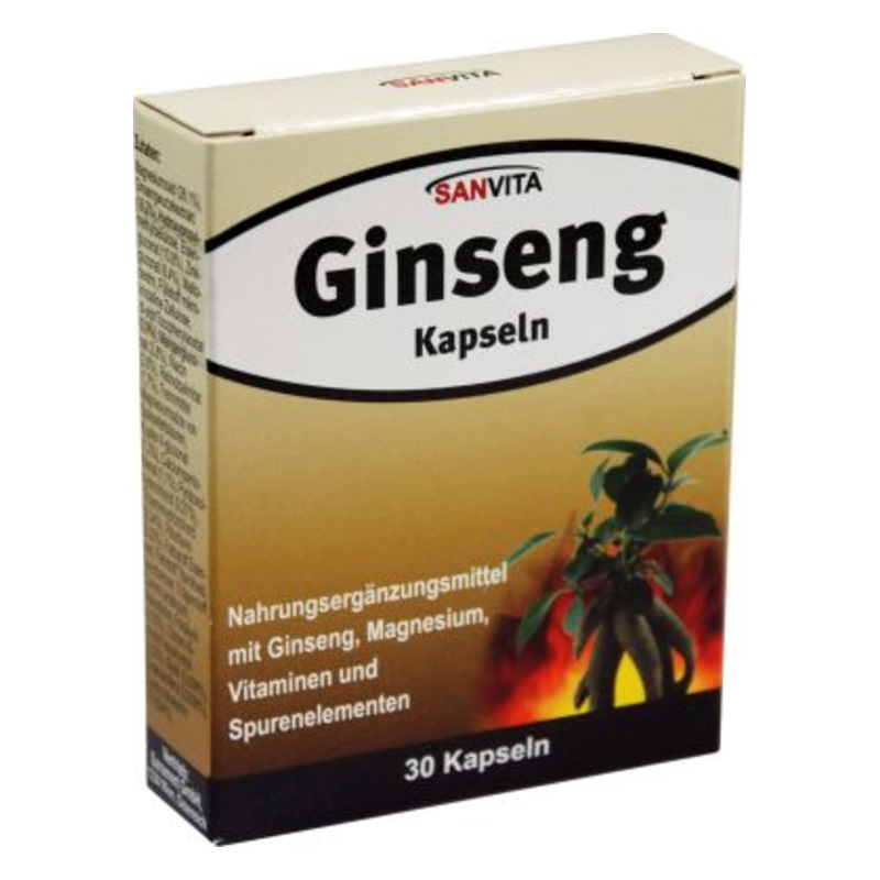 Packung mit Ginseng-Kapseln, Nahrungsmittelergänzungsmittel mit Vitaminen und Mineralien, goldene Farbgestaltung.