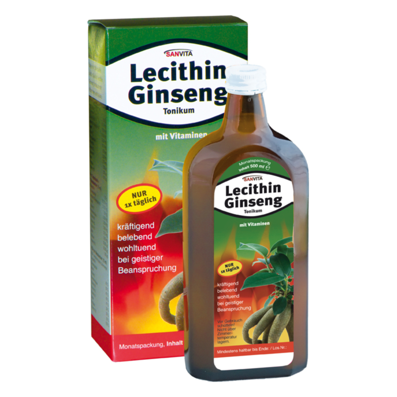 Flasche mit Lecithin Ginseng Tonikum in einer Verpackung, gekennzeichnet mit Vitaminen und Verwendungshinweisen.