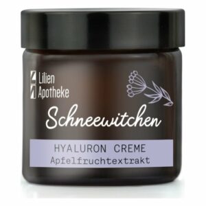 Braune Creme in einem Glasbehälter mit schwarzem Deckel, etikettiert mit "Schneewitchen Hyaluron Creme" und Apfel-Frucht-Extrakt.