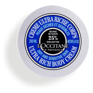 Runde Dose mit blauer Beschriftung für eine reichhaltige Körpercreme mit 25% Sheabutter von L'Occitane.