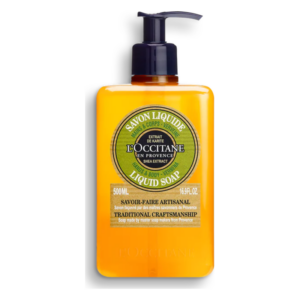 Flasche mit flüssiger Seife von L'Occitane, gelbe Verpackung, Pumpe, mit Shea-Extrakt und Verbena-Duft.