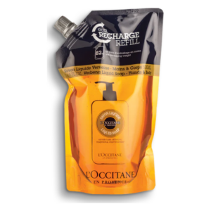 Nachfüllbeutel für flüssige Verbena-Seife von L'Occitane mit schwarzem und orangefarbenem Design.