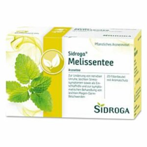 Verpackung von Sidroga Melissentee, Kräutertee in einer Box mit 20 Teebeuteln für entspannende Wirkung.