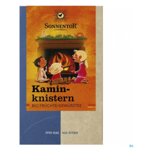 Verpackung von Kamin-knistern Bio Früchte-Gewürztee, mit einer Illustration von Kindern vor einem Kamin.