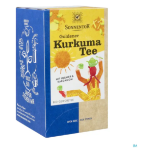 Verpackung von Goldener Kurkuma Tee mit Ingwer und Kardamom, farbenfrohes Design und Bio-Zertifizierung.