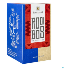 Blaue Teeverpackung von Sonnentor mit rot-kleingemustertem Bereich, beschriftet als "ROOIBOS TEE BIO".