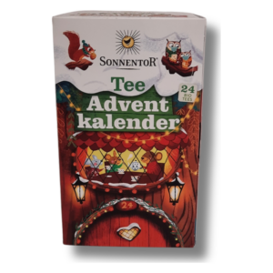 Adventskalender für Tee von Sonnentor mit 24 Bio-Tees, farbenfrohe, winterliche Gestaltung und Fensterdarstellungen.