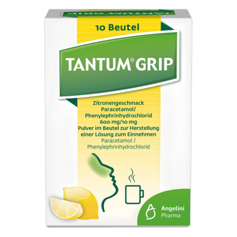 Verpackung von Tantum Grip, einem Pulver in Beuteln mit Zitronengeschmack zur Herstellung einer Lösung zum Einnehmen.