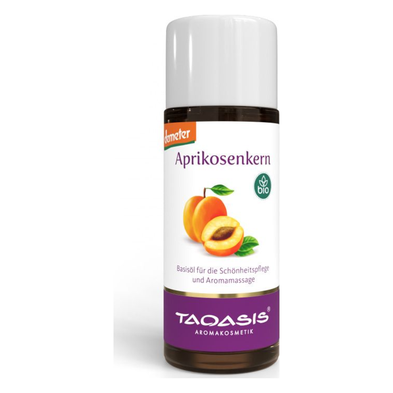 Glasflasche mit Aprikosenkernöl, etikettiert mit dem Demeter-Siegel und dem Bio-Logo, für Schönheits- und Aromamassage.