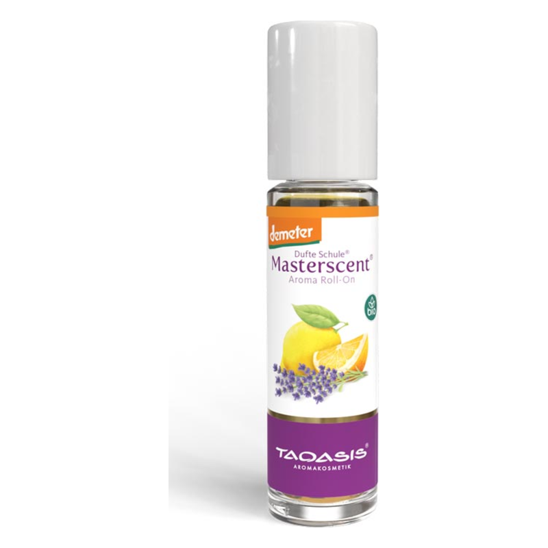 Aroma Roll-On mit einem weißen Deckel, Flasche mit gelben und lila Etikett, enthält Lavendel und Zitrusfrüchte.