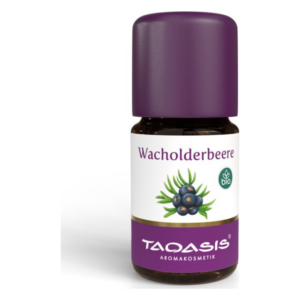 Eine dunkle Flasche mit lila Kappe, beschriftet mit "Wacholderbeere" und dem Bio-Logo von Taqasis.