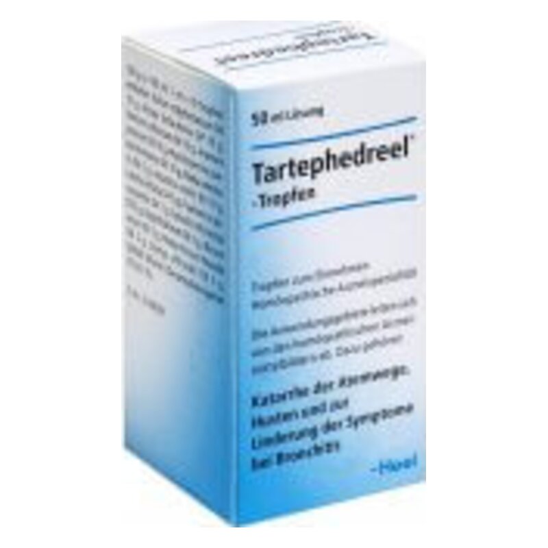 Verpackung von Tartephedreel Tropfen in einem blauen Karton mit medizinischen Hinweisen.