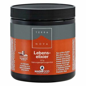 Schwarzer Behälter mit einem orangefarbenen Etikett, das den Lebens-Elixier-Nahrungszusatz von Terra Nova zeigt.