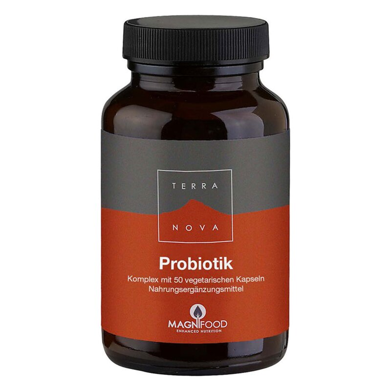 Dunkle Flasche mit schwarzem Deckel, etikettiert mit "Probiotik" und orangefarbenem Streifen, enthält vegetarische Kapseln.