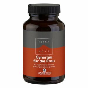 Braune Glasflasche mit schwarzem Deckel, beschriftet mit "Synergie für die Frau" und enthält 50 vegetarische Kapseln.