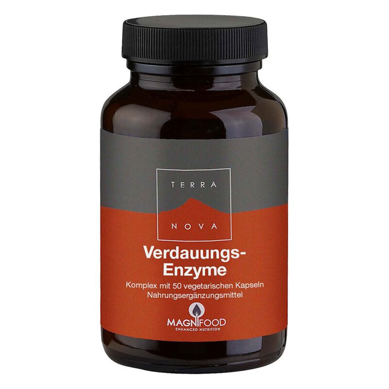 Braune Glasflasche mit schwarzem Deckel, beschriftet mit "Verdauungs-Enzyme" von Terra Nova.