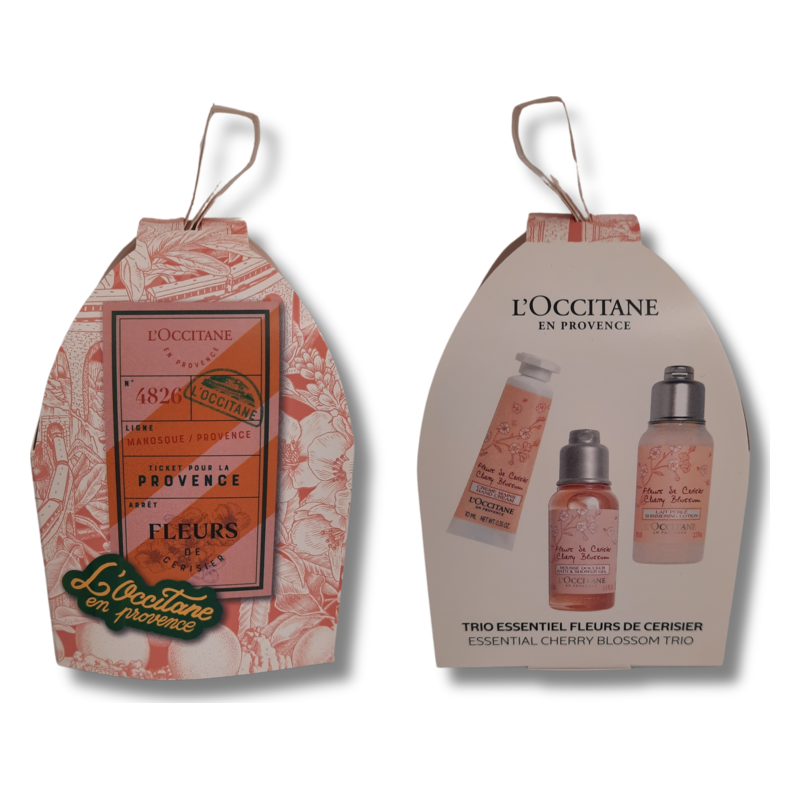 Verpackung des L'Occitane Cherry Blossom Trio, rosa mit floralem Design und zwei Produktflaschen und einer Tube.